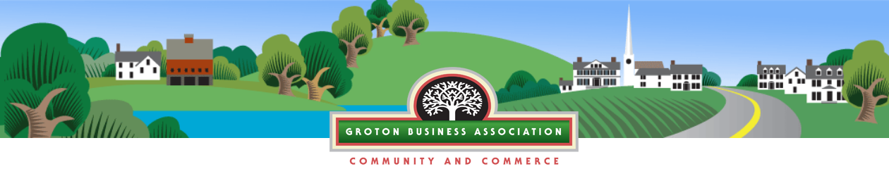 Groton Business Association, Community and Commerce. An illustration of Groton with farms, a church steeple, and a winding road.